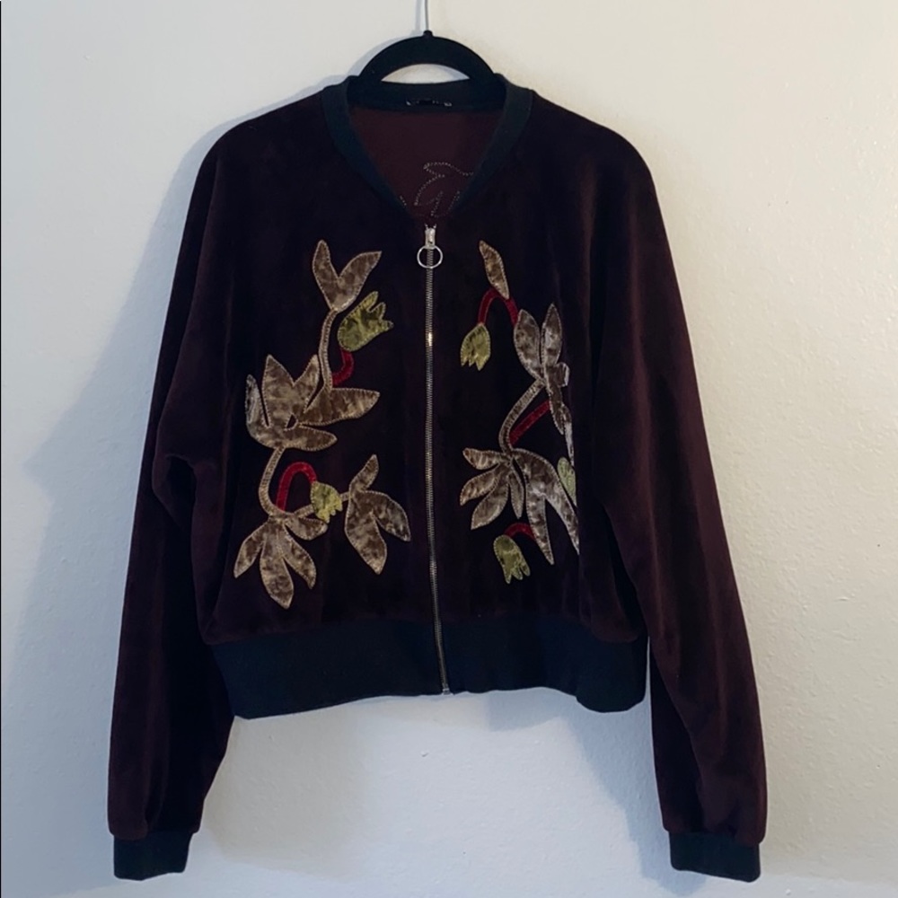 ZARA BURGUNDY PATCHWORK VELVET BOMBER JACKET